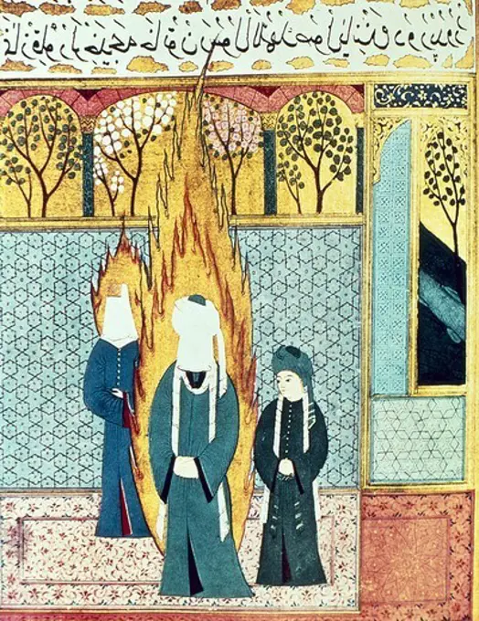 Muhammad prays with Ali and Khadijah. Islamic art. Miniature Painting. TURKEY. THRACE. Istanbul. Topkapi Saray Museum Istanbul.