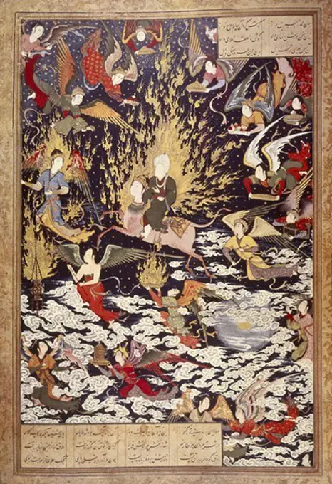 Ascension of prophet Muhammad with the archangel Gabriel. 16th c. Ascent of the Prophet Mohammad with Archangel Saint Gabriel. Persian art. Safavid period. Miniature Painting. UNITED KINGDOM. ENGLAND. London. The British Museum.