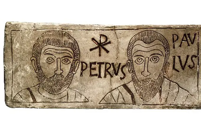 Drawing in a tombstone. 4th c. A.D, representing apostles Peter and Paul. Paleo-christian art. Engraving. ITALY. LAZIO. Rome. Lateran Museum.