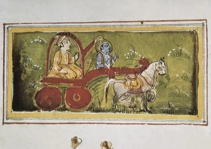 Scene of Mahabharata (18th c.). Arjuna on a chart led by Krishna. Hindu art. Miniature Painting. FRANCE. ëLE-DE-FRANCE. Paris. National Library.