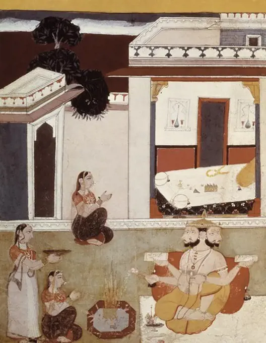 Woman Making an Offering to Brahma. 1720. Hindu art. Miniature Painting. FRANCE. ëLE-DE-FRANCE. Paris. Guimet Museum. Proc: INDIA. RAJASTHAN.