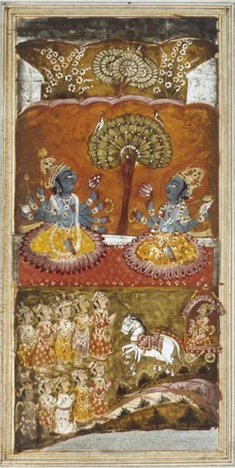 Illustration of the Bhagavata Purana, 18th c. Scene of the life of Krishna. Hindu art. Miniature Painting. FRANCE. ëLE-DE-FRANCE. Paris. National Library.