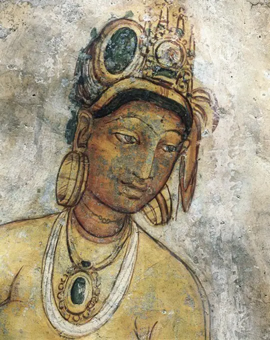 Maidens among clouds. 5th c. SRI LANKA. Sigiriya. Frescoes in the ancient rock fortress and palace of Sigiriya built by King Kasssapa (477-495). Hindu art. Fresco.