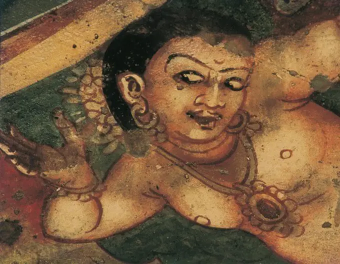 INDIA. Ajanta. Ajanta Caves. Detail with a feminine figure. Wall painting inside the cave n. 2 (5th-6th c.). Hindu art. Gupta period.