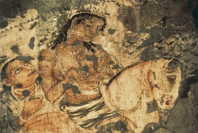 INDIA. Ajanta. Ajanta Caves. Detail with a feminine figure on horseback . Wall painting inside the cave n. 1 (5th-6th c.). Hindu art. Gupta period.