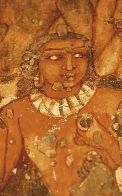 INDIA. Ajanta. Ajanta Caves. Detail in one of the 'Jataka' reincarnations and episodes of life of Budha. Mural painting, 6th-7th c. Hindu art. Gupta period. Fresco.