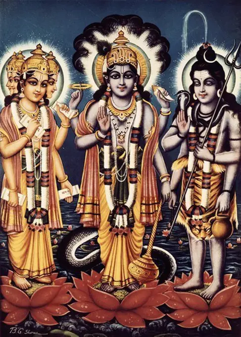 Trimurti ('three forms' in Sanskrit) of Brahma, Vishnu and Shiva. Triad of the three major gods of Hindu mythology. 20th. c. Illustration by B. G. Sharma. Miniature Painting.