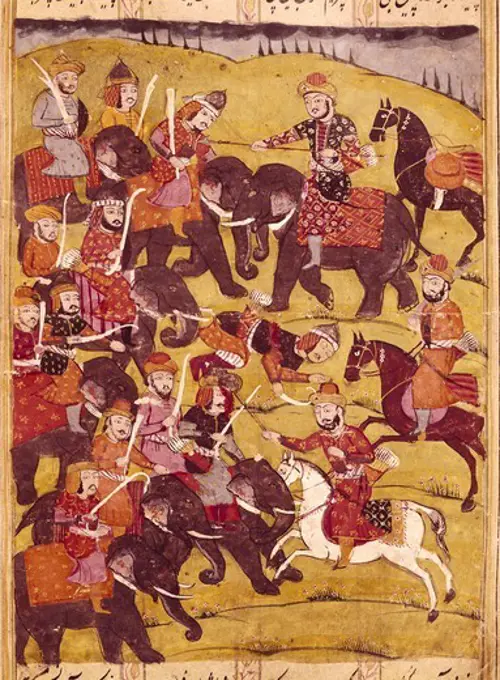 Shahnameh. The Book of Kings. 16th c. Scene depicting a battle with several elephants. Miniature Painting. EGYPT. CAIRO. Cairo. National Library.