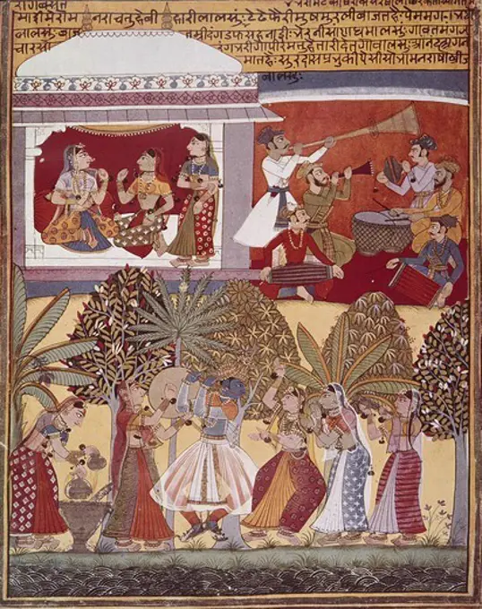 INDIA. Calcutta. Krishna's dance. Illustration from 'Surdas of Sur-Argar', 17th c. Hindu art. Miniature Painting.