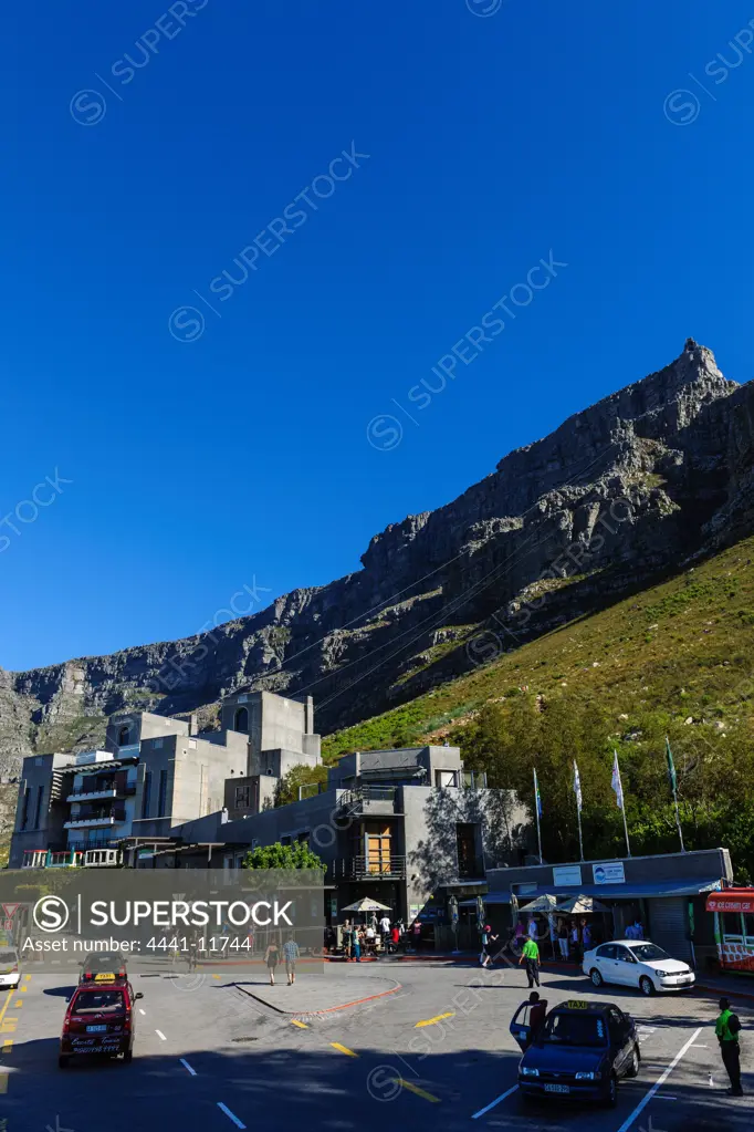 View of the lower and upper cable car stations on Table Moutain. Cape Town. Western Cape. South Africa