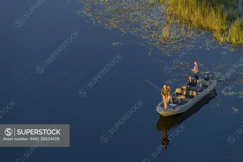 Aerial view of a fishing safari at African Horseback Safaris in the Okavango Delta. Botswana