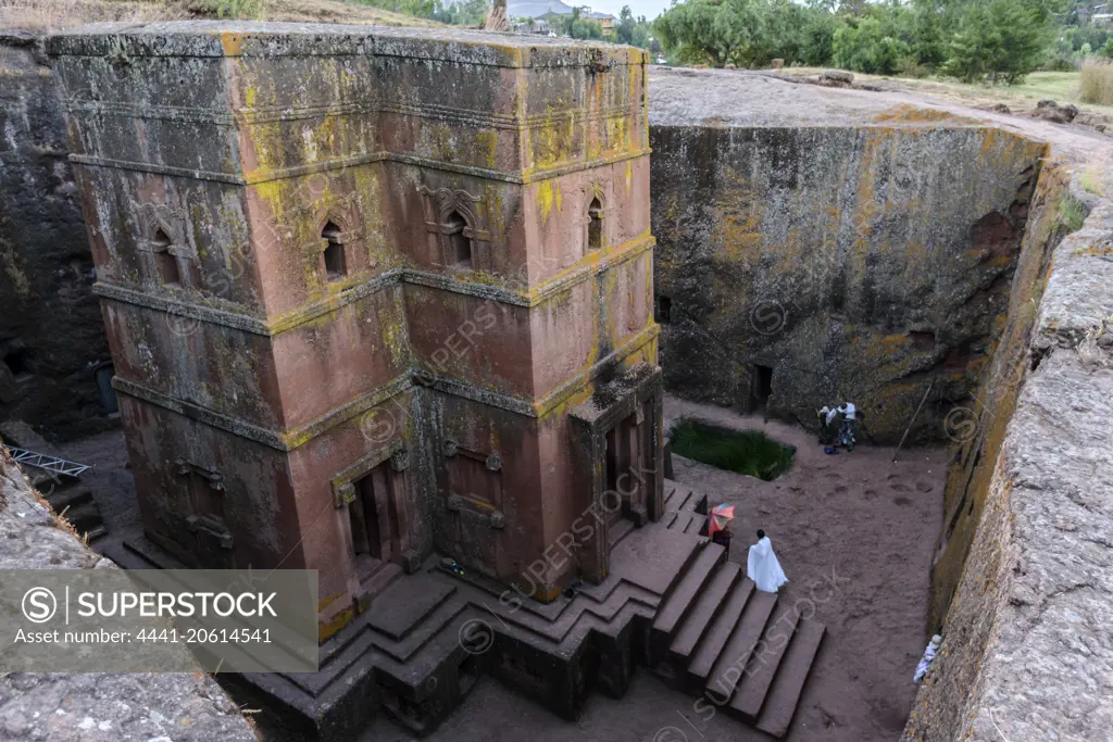 Church of St. George (Amharic: Bete Giyorgis or Biet Giyorgis). It is among the best known and last built of the eleven Rock-Hewn Churches in the Lalibela area, and has been referred to as the "Eighth Wonder of the World". Lalibela. Ethiopia.