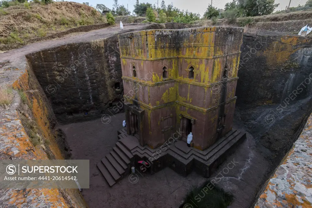 Church of St. George (Amharic: Bete Giyorgis or Biet Giyorgis). It is among the best known and last built of the eleven Rock-Hewn Churches in the Lalibela area, and has been referred to as the "Eighth Wonder of the World". Lalibela. Ethiopia.