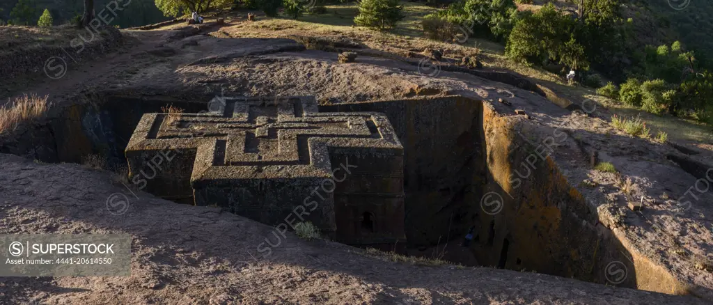 Church of St. George (Amharic: Bete Giyorgis or Biet Giyorgis). It is among the best known and last built of the eleven Rock-Hewn Churches in the Lalibela area, and has been referred to as the "Eighth Wonder of the World". Lalibela. Ethiopia.