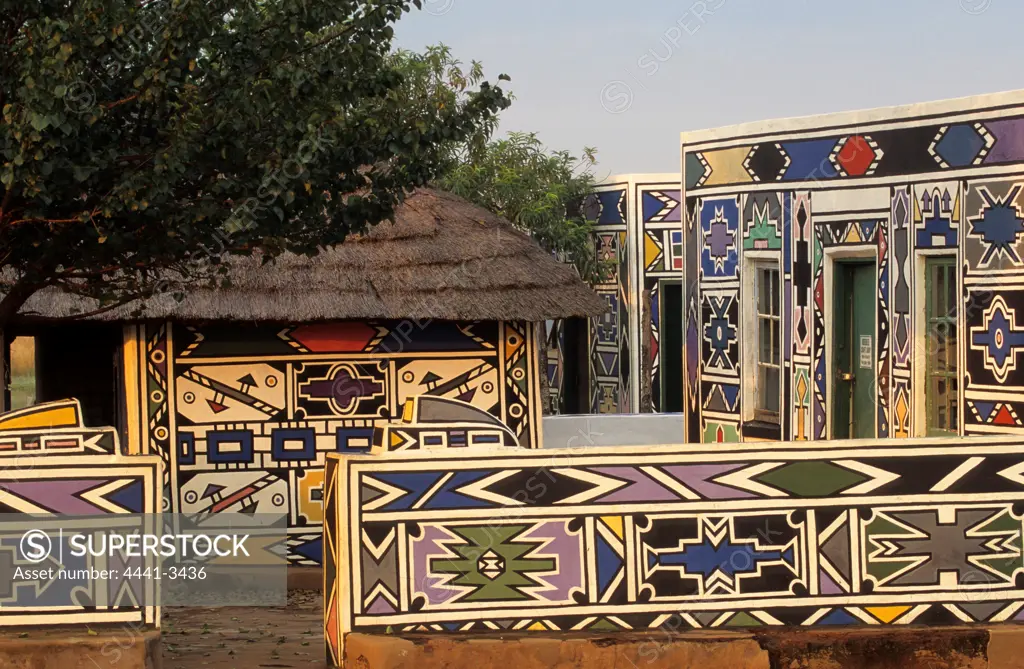 Ndebele Homestead. Showing typical painting of walls. Botshabelo Historical Village. Mpumalanga. South Africa