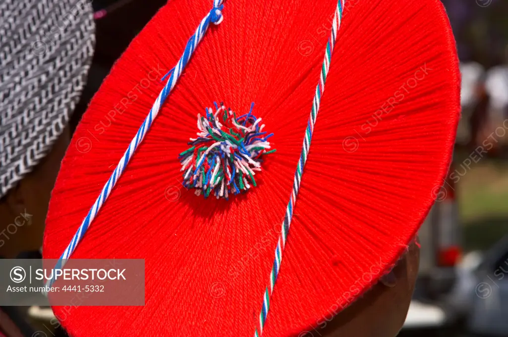 Zulu woman's hat at reenactment of the Battle of Talana. Typical of Zulu dress in the Tugela Ferry area. Dundee. KwaZulu Natal. South Africa