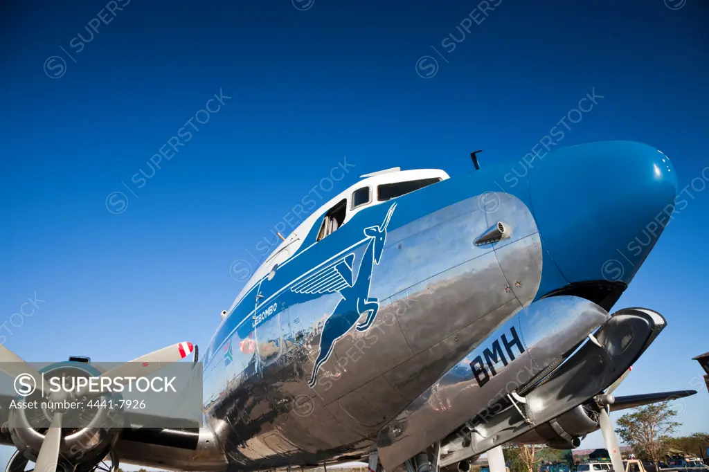 South African Airways aeroplane Douglas DC-4 1009 ZS-BMH at Limpopo Valley Airfield. Northern Tuli Game Reserve.  Botswana