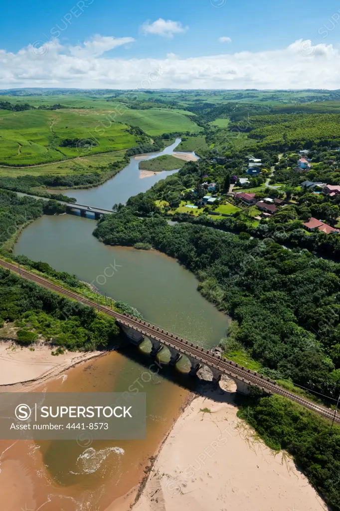 Aerial view of the Mahlongwana River Estuary at Umkomaas. KwaZulu Natal South Coast. South Africa