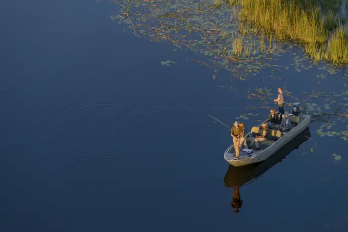 Aerial view of a fishing safari at African Horseback Safaris in the Okavango Delta. Botswana