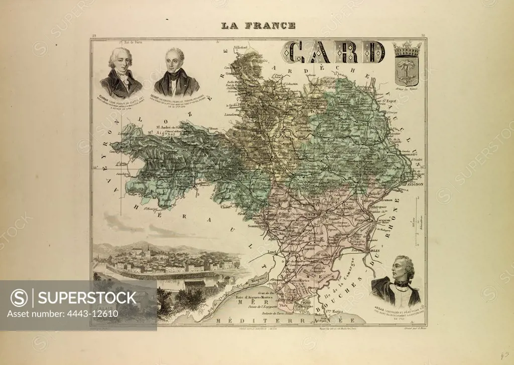 MAP OF GARD, 1896, FRANCE