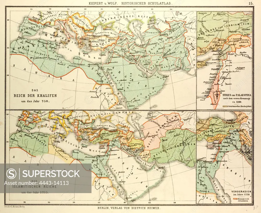 MAP OF THE UMAYYAD CALIPHATE EMPIRE IN 750 AND THE ISLAMIC EMPIRE IN 1215