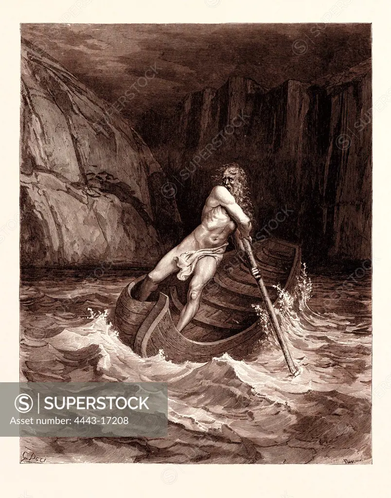 CHARON, the ferryman of Hell, 1861  BY GUSTAVE DOR. Gustave Dore, 1832 - 1883, French. Engraving for the Inferno by Dante. romanticism, colour, color engraving.