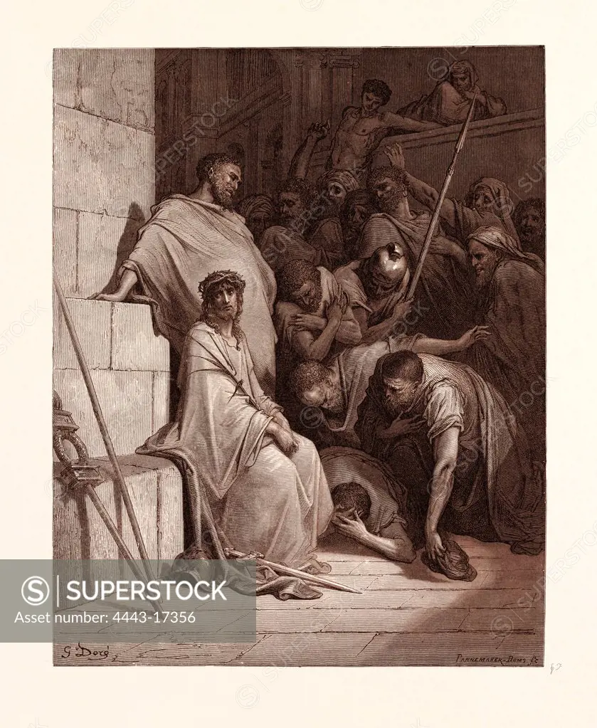 CHRIST MOCKED, BY GUSTAVE DORE. Dore, 1832 - 1883, French. Engraving for the Bible. 1870, Art, Artist, holy book, religion, religious, christianity, christian, romanticism, colour, color engraving.