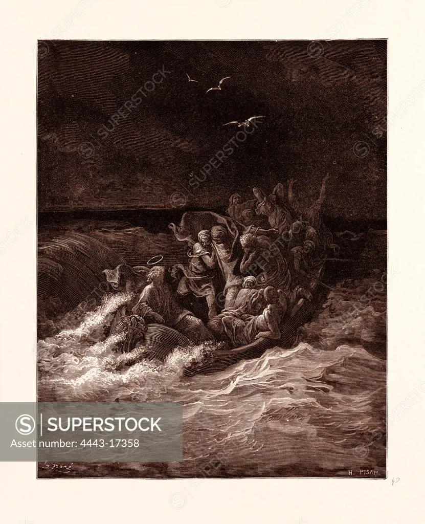 JESUS STILLING THE TEMPEST, BY GUSTAVE DORE. Dore, 1832 - 1883, French. Engraving for the Bible. 1870, Art, Artist, holy book, religion, religious, christianity, christian, romanticism, colour, color engraving.