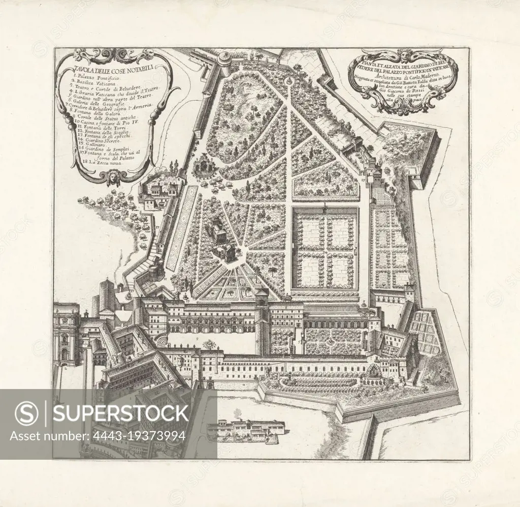 Map of the Vatican Belvedere gardens Pianta and alzata del giardino di Belvedere del Palazzo Pontificioin Vaticano (title on object) Gardens in Rome (series title) Li giardini di Roma / con le loro piante alzate / e vedute in prospettiva (series title), Map of the Vatican Belvedere gardens. Top left a cartouche with an explanatory list of numbers. Top right a cartouche with title and text, garden, plan, map of garden, Vatican City, Giovanni Battista Falda (mentioned on object), 1683, paper, etching, h 301 mm × w 305 mm