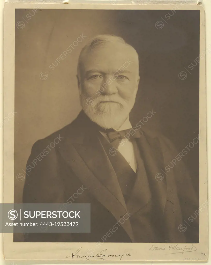 Andrew Carnegie, Photograph on sensitized paper, Bust length photographic portrait of Andrew Carnegie (1835-1919), turned slightly to the right. He wears a bow tie and coat with double lapels., USA, 1908, portraits, Photograph, Photograph