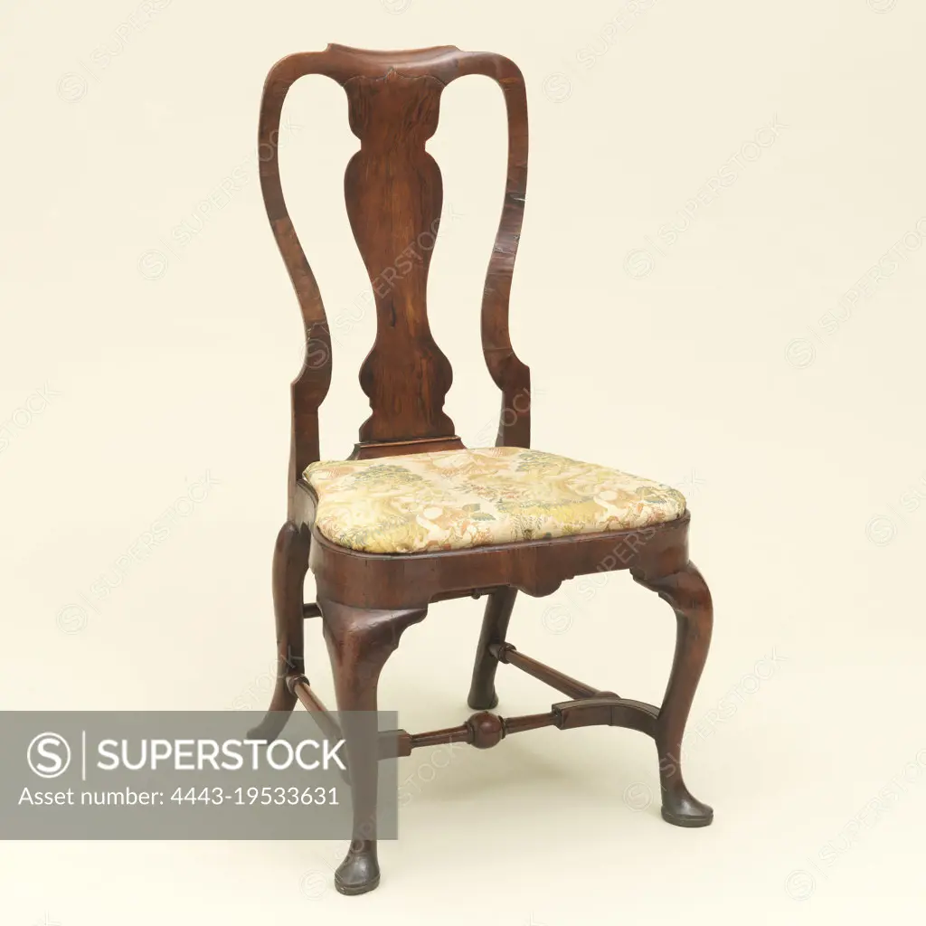 Side chair, Walnut with walnut veneer on poplar seat rail, Slip seat. Plain cabroile legs ending in club feet; rounded back, vase-shaped splat. Seat-rail, shaped, and back are veneered. Legs joined by stretchers, the front one of turned baluster form., England, late 19th century, furniture, Decorative Arts, Side chair