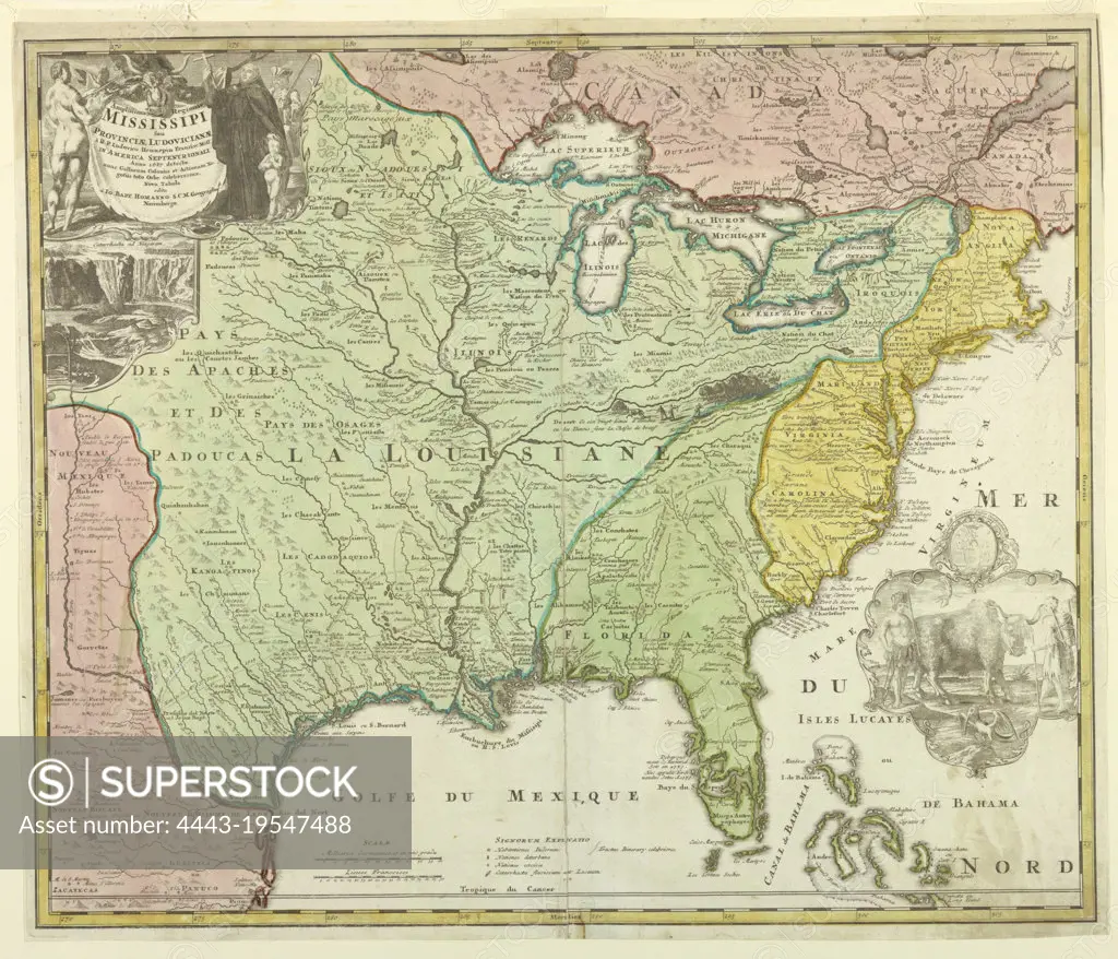 Map of Louisiana (Mississippi), Johann Baptista Homann, 1664 - 1724, Etching and engraving, hand-colored, on white laid paper, Map of Louisiana shows the Eastern part of the United States up to Canada; different colors are used for Louisiana (green), Eastern States (yellow), New Mexico (pink) and Canada (pink). On upper left corner, title of map embellished with an allegorical figure; below view of Niagara Falls. In lower right corner, a vignette with the coat-of-arms of Lns. Gall Societatis Indiae Occidentalis and below and Indian man and woman with a bull. (OPB '59), Germany, after 1718, ephemera, Print, Print