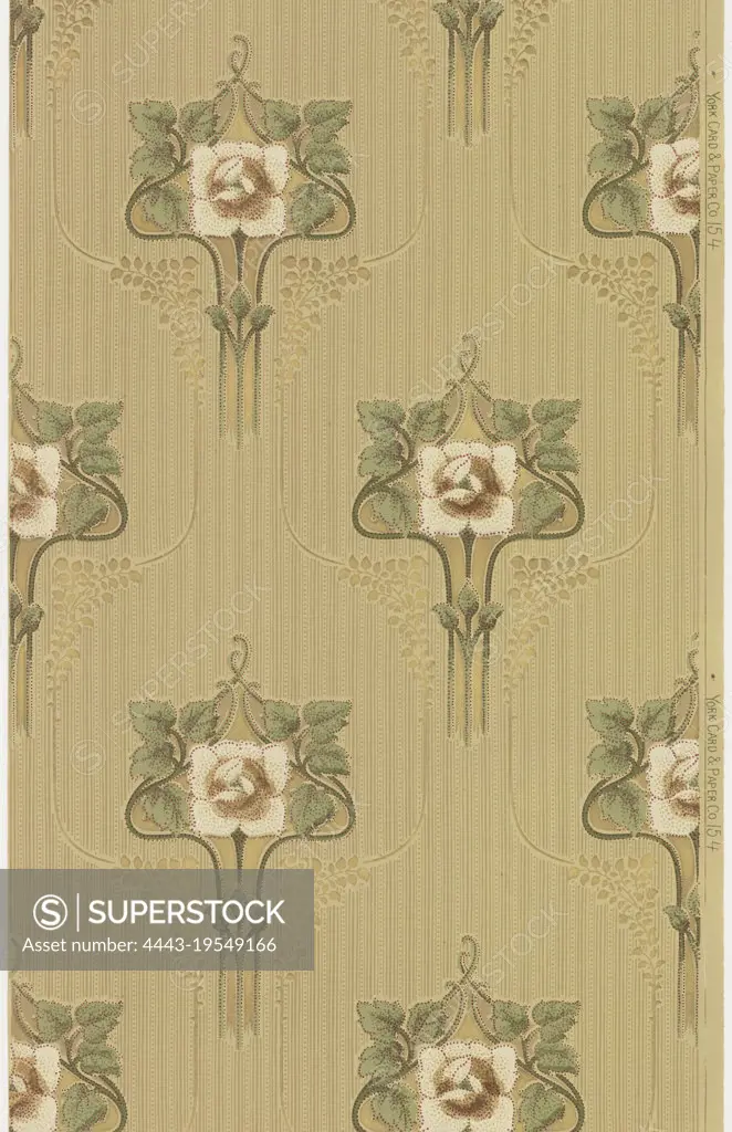 Sidewall, York Card & Paper Co., 1891, Machine-printed paper, liquid mica, Art nouveau / mission style. Large singular white stylized flowers with stem and leaves loosely outlined in a metallic gold line with large bunches of foliage. Background of monochromatic stripes and dots or beading. Printed in greens, browns, tan, white, maroon and metallic gold on light brown-green ground. Printed in right selvedge: 'York Card & Paper Co.' pattern number '154'., York, Pennsylvania, USA, 1905-1915, Wallcoverings, Sidewall