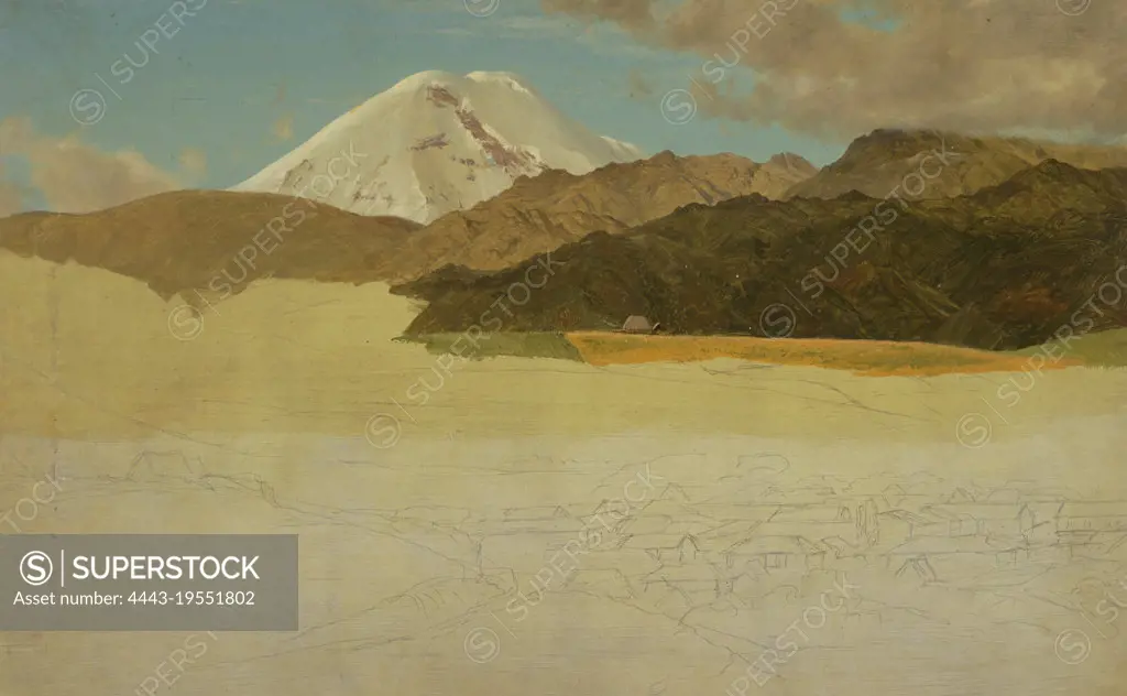 Mount Chimborazo and Guaranda, Ecuador, Frederic Edwin Church, American, 1826-1900, Brush and oil paint over graphite on cream colored paperboard, Snow-covered peak rises in the background behind several low mountains. Clouds at upper right. Unfinished graphite sketch of section of the town (identified as Guaranda, Ecuador) with the church sketched in at bottom, as seen from a hill., Ecuador, USA, May or June 1857, landscapes, Drawing, Drawing