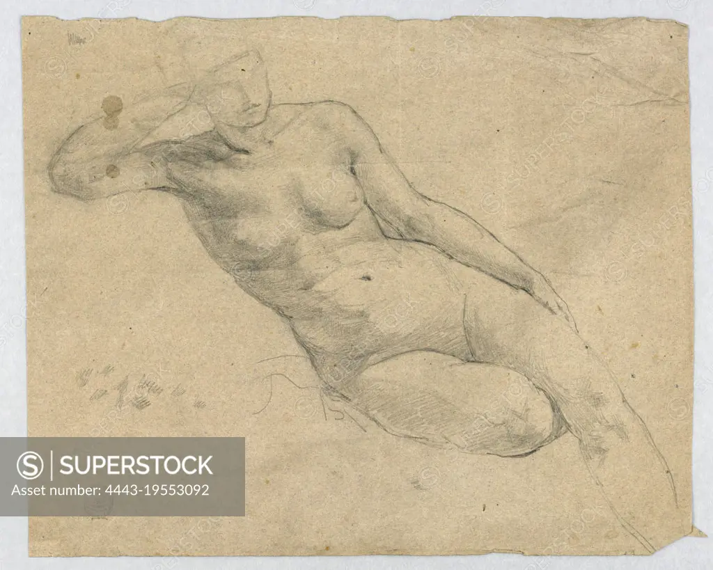 Sketch of a Female Nude, Francis Augustus Lathrop, American, 1849 - 1909,  Graphite on grey-violet paper, Nude female figure reclining to the left,  facing frontally; right knee bent under left leg, head