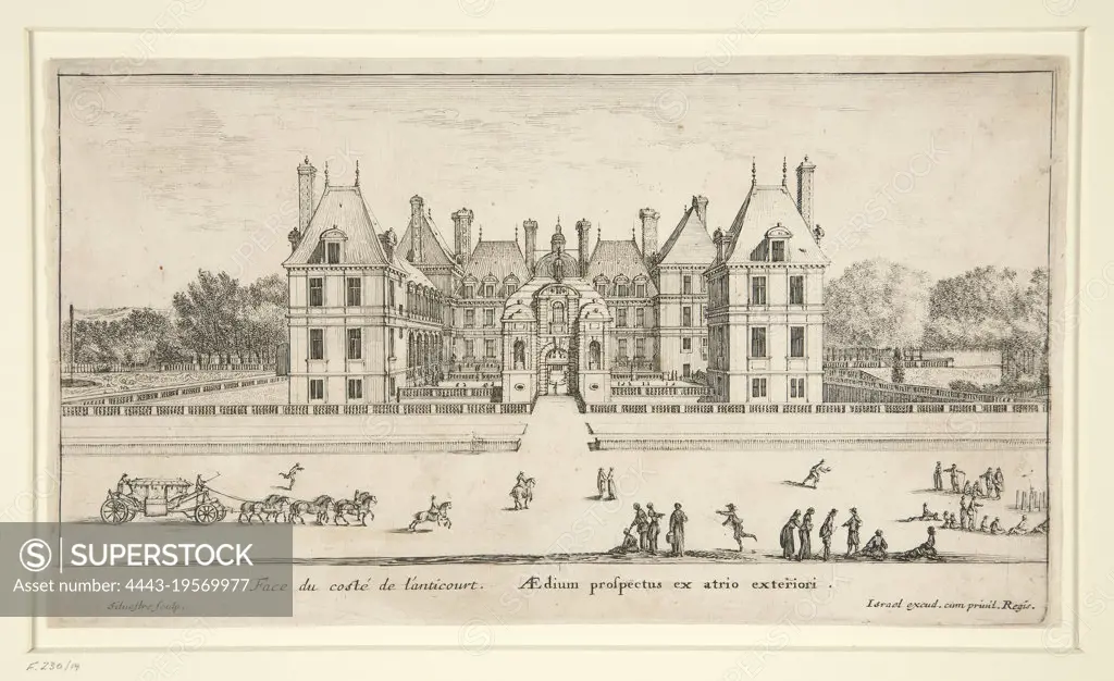 Artist: Israel Silvestre, French, 1621-1691, View of Chateau Liencourt: TheForecourt, Etching, sheet: 13.9 × 24.7 cm (5 1/2 × 9 3/4in.), Made in France, French, 17thcentury, Works on Paper -Prints