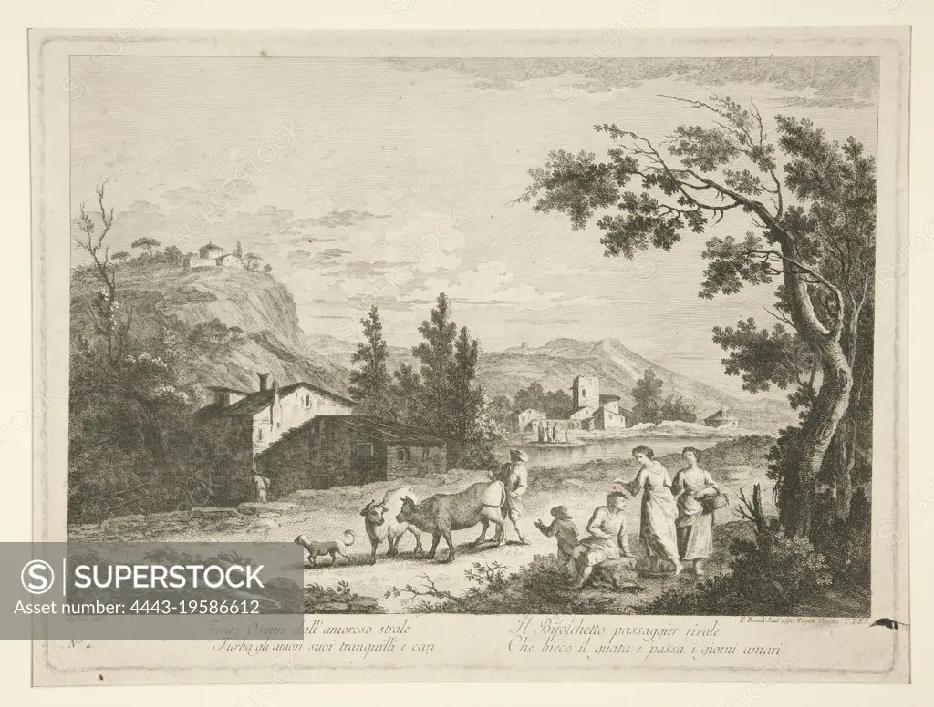 Artist: Fabio Berardi, Italian, 1728-1788, After: Giuseppe Zais, Italian, 1709-1781, Landscape with Ruins, from a series of4, ca.1740, Engraving, image: 29.7 × 40.2 cm (11 11/16 × 15 13/16 in.), Made in Italy, Italian, 18thcentury, Works on Paper -Prints