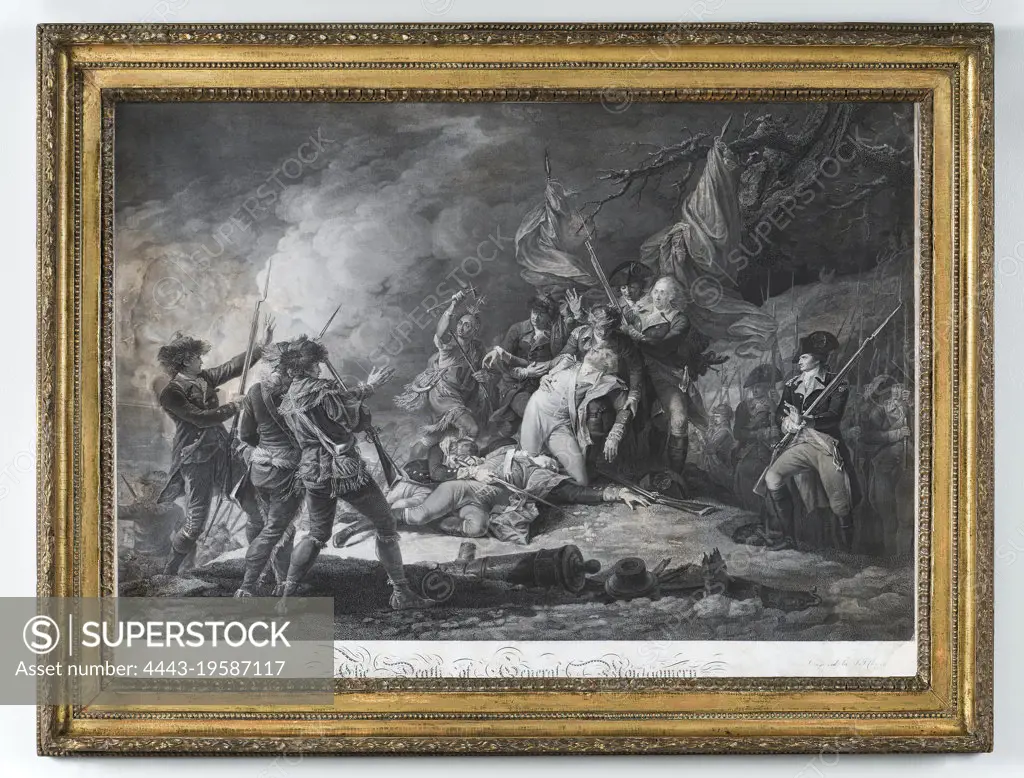 Artist: Johan Frederik Clemens, Danish, 1748-1831, After: John Trumbull, American, 1756-1843, Death of General Montgomery in the Attack onQuebec, Published1798, Engraving, 69.85 × 91.44 cm (27 1/2 × 36in.), Made in Germany, Depicted Québec, Canada, German, 18th-19thcentury, Works on Paper -Prints