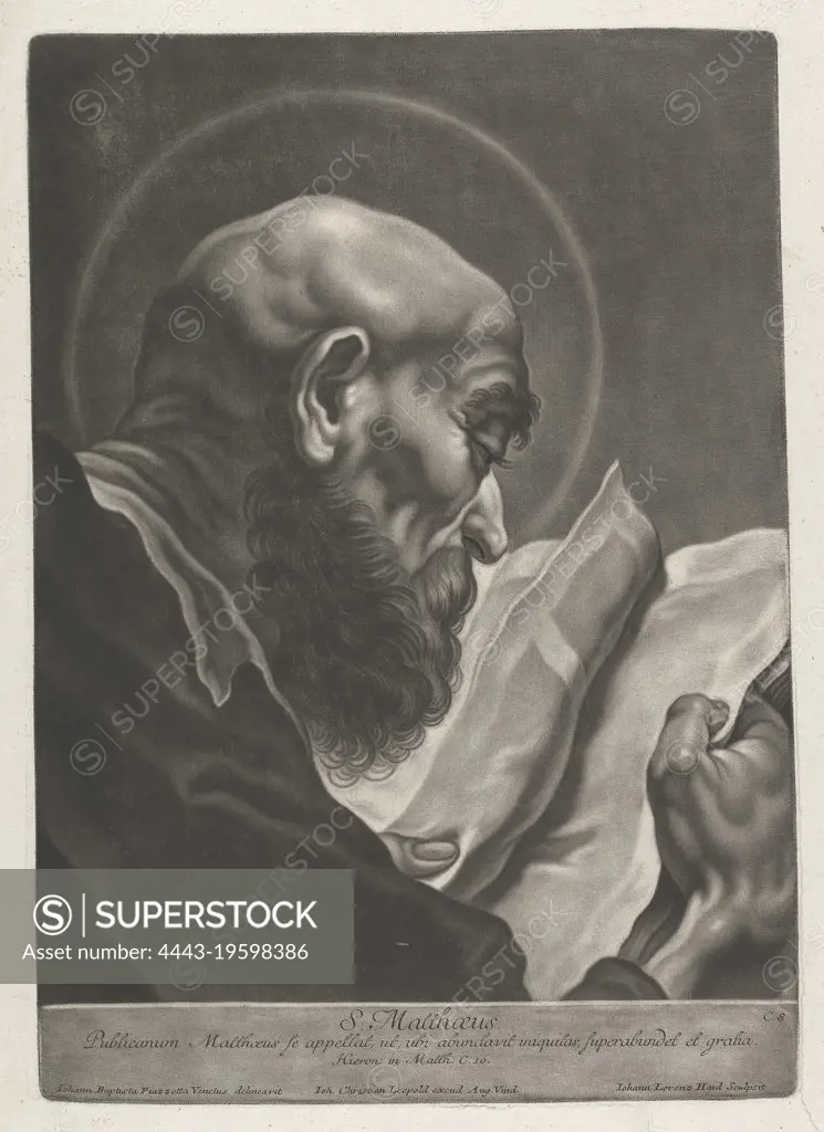 S. Matthaeus, Print made by Johann Lorenz Haid, 1702-1750, German, after Giovanni Battista Piazzetta, 1682-1754, Italian, Published by Johann Christian Leopold, 1699-1755, German, early 1750s, Mezzotint on moderately thick, slightly textured, beige laid paper, Sheet: 20 3/16 x 14 1/16 inches (51.2 x 35.7 cm), Plate: 15 3/16 x 10 13/16 inches (38.5 x 27.5 cm), and Image: 13 3/4 x 10 13/16 inches (34.9 x 27.4 cm), apostle, beard, Christian, Christianity, cloak, curls, disciple, gaze, halo, historical subject, moustache, profile, reading, religious, religious and mythological subject, solemn, thoughtful