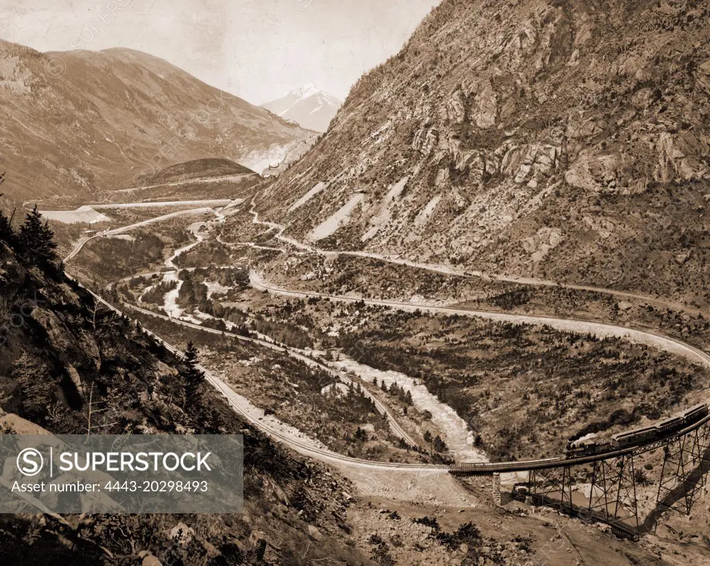 The far-famed Georgetown loop, Jackson, William Henry, 1843-1942, Valleys, Railroad tracks, United States, Colorado, Georgetown, 1899