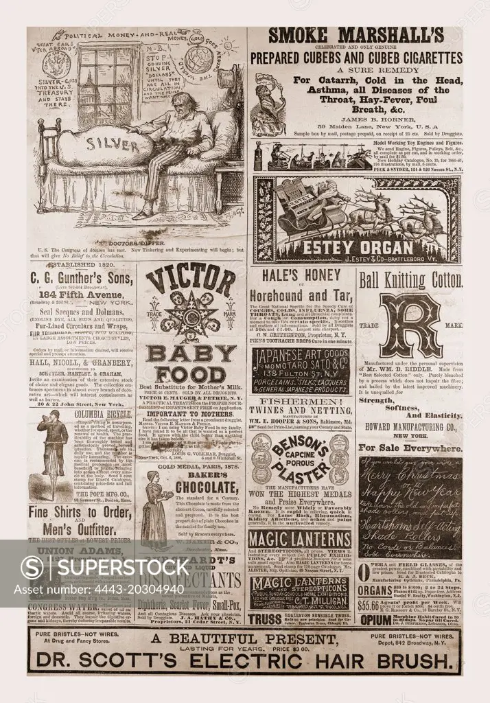 Advertising 1880, USA, US, America, 19th century engraving