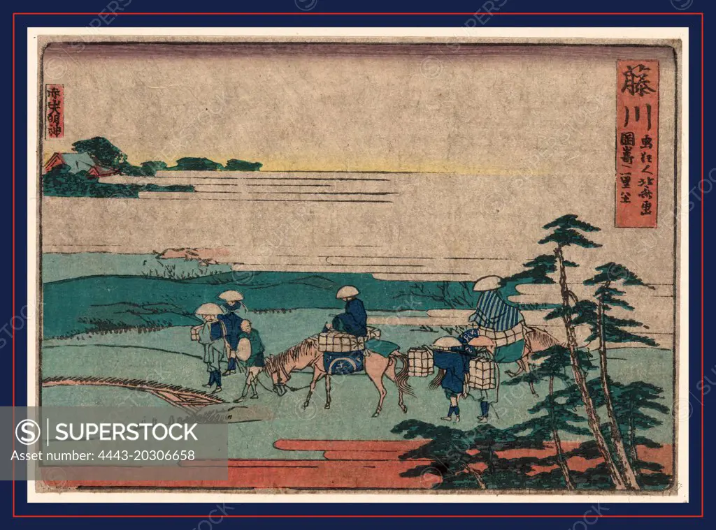 Fujikawa, Katsushika, Hokusai, 1760-1849, artist, 1804., 1 print : woodcut, color ; 12 x 16.8 cm., Print shows several pilgrims, two on horseback, and a porter crossing a small bridge near Fukikawa, the 38th station on the Tokaido Road.