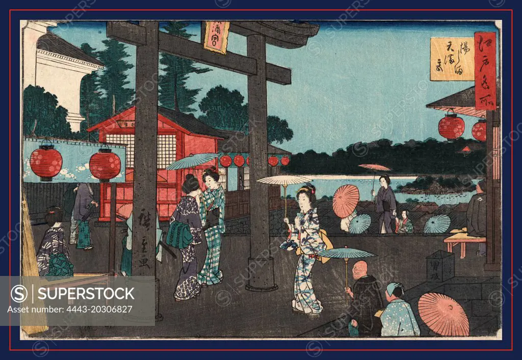 Yushima tenmangu, Tenman shrine at Yushima., Ando, Hiroshige, 1797-1858, artist, 1854., 1 print : woodcut, color ; 24.1 x 36 cm., Print shows people, mostly women, children, and elderly persons, near the torii at the entrance to the Tenman Shrine in Yushima.