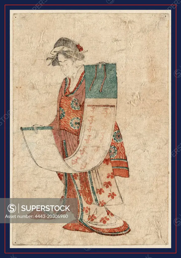 Ne no ji no kakejiku o motsu musume, Beauty holding a calendar scroll for the year of the rat., 1804., 1 print : woodcut, color ; 13 x 8.6 cm., Print shows a woman holding a calendar scroll.