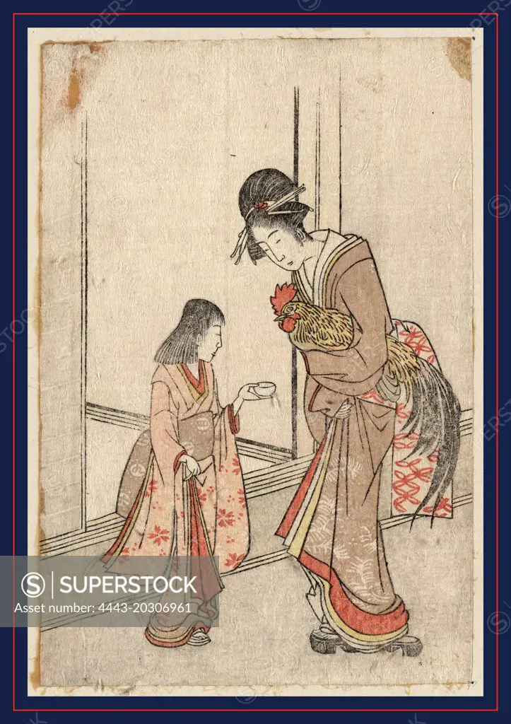 Onagadori o motsu onna to kamuro, Woman holding a rooster accompanied by a young attendant., 1801., 1 print : woodcut, color ; 13.1 x 8.7 cm., Print shows a woman holding a rooster to which a young female attendant offers a cup of water.