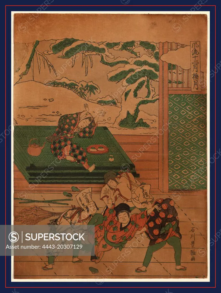 Gokugetsu, The twelfth month., Ishikawa, Toyomasa, active 1770-1790, artist, between 1764 and 1772, printed later, 1 print : woodcut, color ; 26.2 x 19 cm., Print shows a winter tea party that has been interrupted; a boy has been dragged away by three boys, and a girl, sitting with the tea service, is upset at the disruption. Outside the house, the trees and ground are covered with snow.