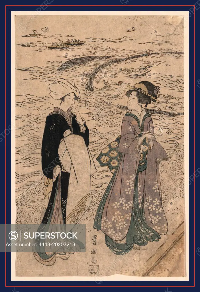 Jibukiami, Fishing net., Utagawa, Toyokuni, 1769-1825, artist, 1799 or 1800, 1 print : woodcut, color ; 38.1 x 24.8 cm., Print shows a woman holding a pipe, walking with a female attendant along the seashore; in the background are boats and large fishing nets.