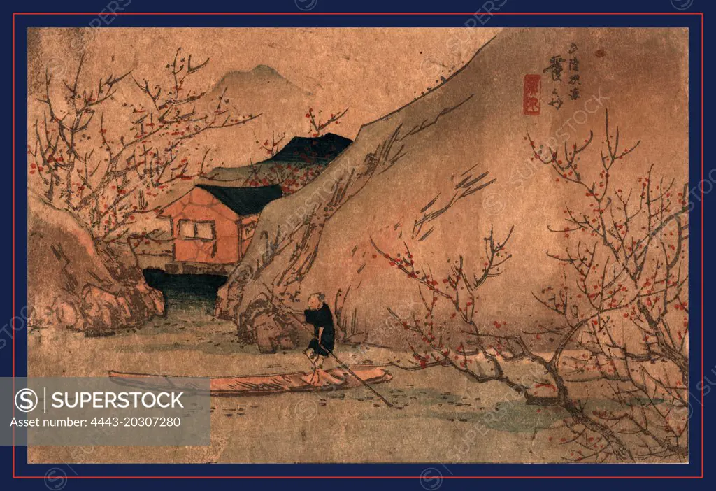 Uryo togen, Peach orchard at Wuling., Ikeda, Eisen, 1790-1848, artist, between 1830 and 1844, 1 print : woodcut, color ; 16.5 x 24.7 cm., Print shows a man poling a boat past peach trees, large rocks, and a building.