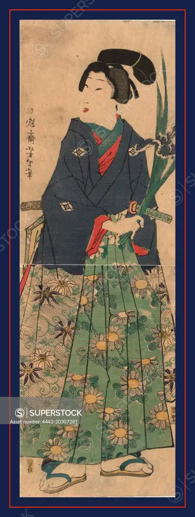 Kakitsubata o matsu wakashu, Young dandy carrying irises., Taiso, Yoshitoshi, 1839-1892, artist, 1866., 1 print : woodcut, color ; 36.3 x 23.7 cm (top panel), 34.7 x 23.7 cm (bottom panel), Print shows a full-length portrait of a man holding an iris.