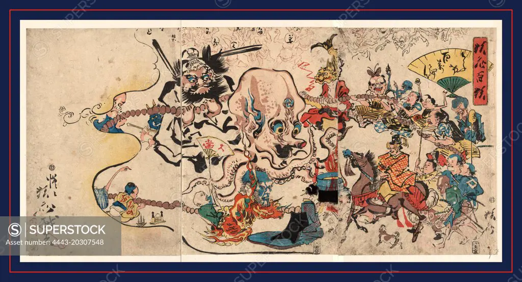 Doke hyakumanben, A comic Buddhist rosary procession., Kawanabe, Gyosai, 1831-1889, artist, 1864., 1 print (3 sheets) : woodcut, color ; 37.7 x 25.7 cm (left panel), 35.2 x 24.1 cm (center panel), 35.3 x 24.5 cm (right panel), Print shows a procession of various figures holding a large rosary around a large octopus.